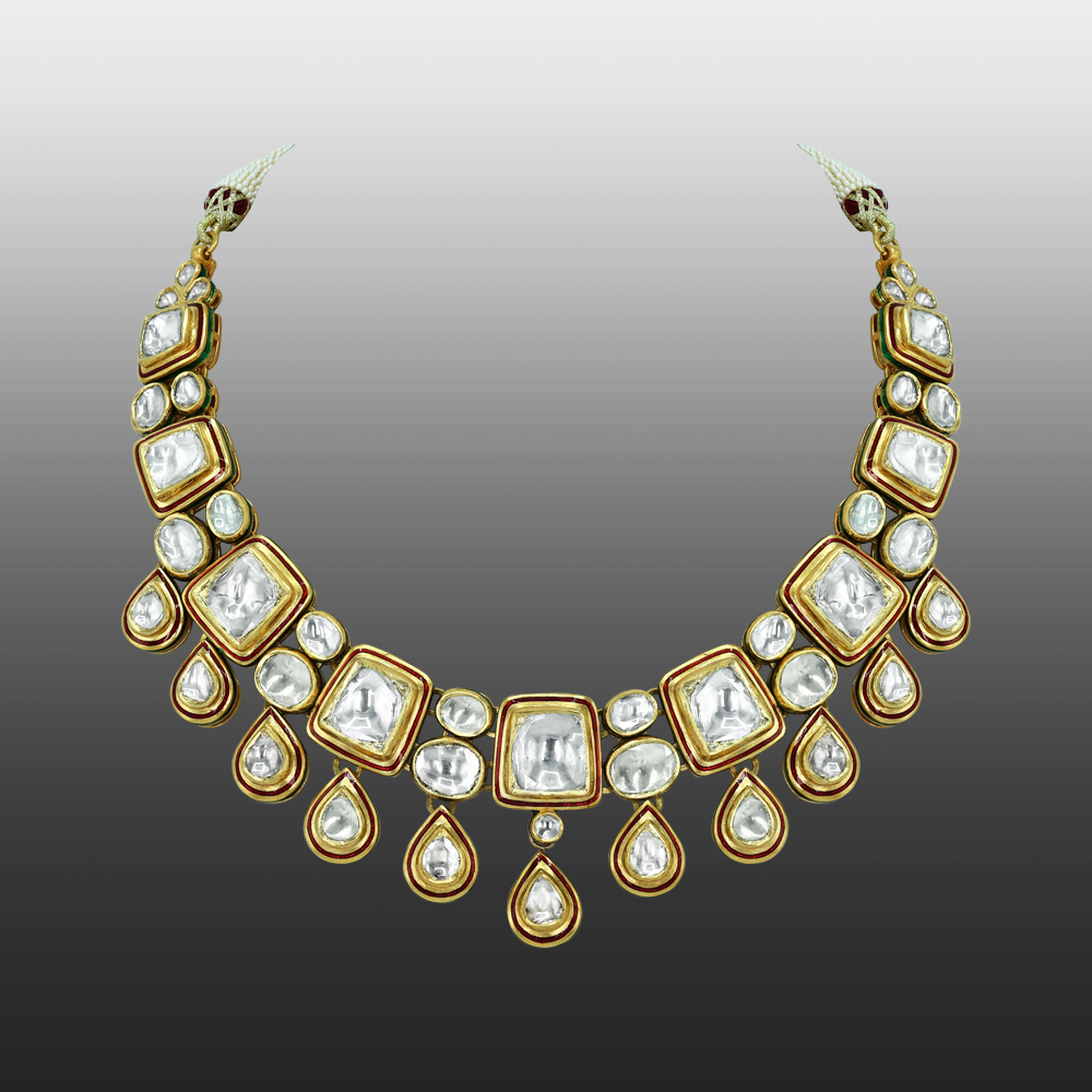 Polki Necklace with Cascading Teardrop and Square Motifs